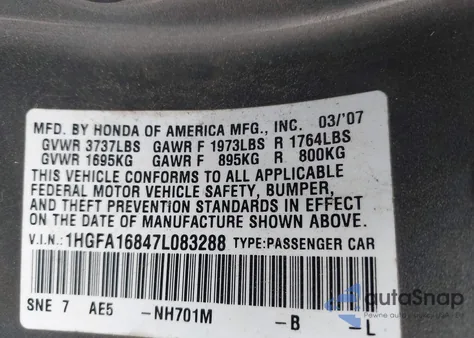 2007 Honda Civic Ex from USA, damaged, VIN 1HGFA16847L083288